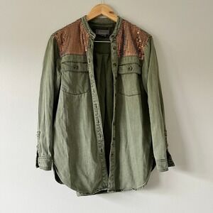 Anthropologie Olive Green Button-Down Shirt with Copper Sequin Shoulders